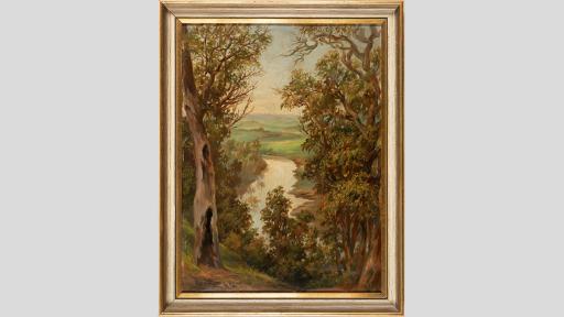 Framed painting of a river with trees on either side