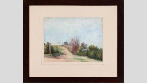 Painting of a landscape with a path surrounded by bushes and greenery
