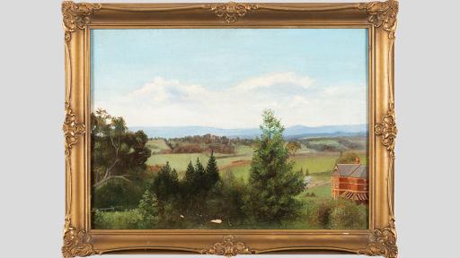 Framed painting of a landscape showing a house overlooking fields and trees