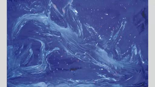 blue with white smears diagonally across the canvas and small red dots are scattered across