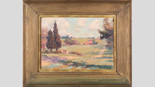 Framed painting of a landscape with houses surrounded by fields and trees