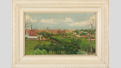 Framed painting of a green landscape of fields which borders on the start of a city