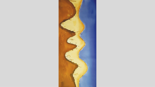 wavy edged sections of brown, yellow and blue, travelling sown the length of the canvas