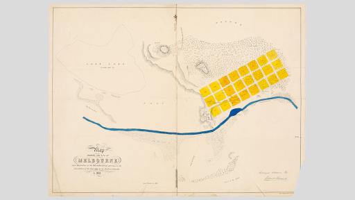 Map showing the Melbourne area before it was founded in 1837 with open area alongside the river other than a few yellow squares showing buildings or huts