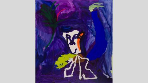 A square canvas mostly painted in deep purples with an abstract figure like form in the centre