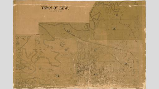 Map showing Kew in 1910 with the river bordering the suburb, main roads, and residential areas