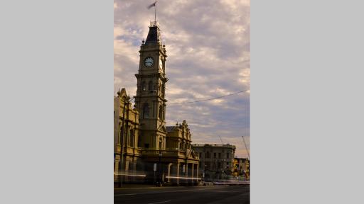 Photo by Lexie Rough of Hawthorn Town Hall showing the clock tower with a cloudy sky in the background