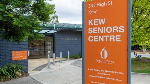 A low building with a big sign saying Kew Seniors Centre
