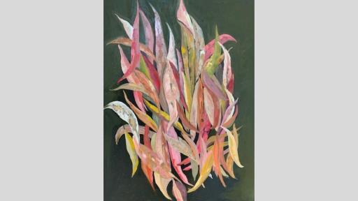 Gum leaves painted in a pile on a canvas in varied pink and green colours with a dark green background