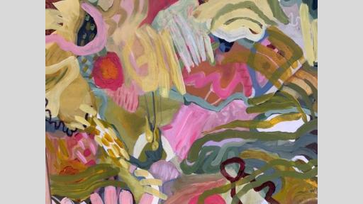 Bright abstract shapes in various pinks, yellows and greens painted across a canvas
