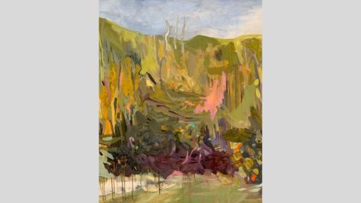 An abstract painting of a landscape with the greens of the land and foliage blending together