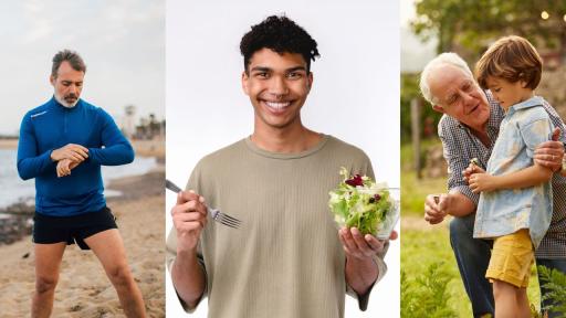 3 images, the first of a man on a beach wearing athletic clothes, the second a man holding a salad and a fork and smiling, and the third a child who is being spoken to by an older man