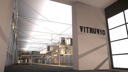 A computer generated image of an exhibition space with a parge sign saying 'Vitruvio' and scaffolding in the large open space displaying items as part of an exhibition