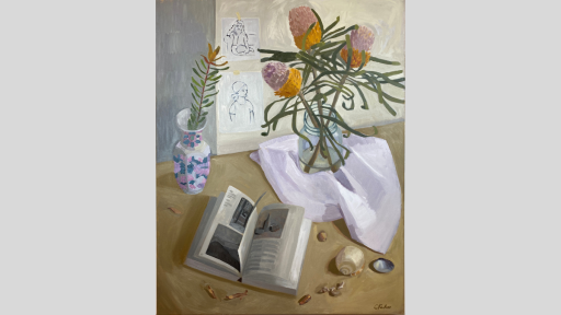 Painting of two flower bouquets in vases beside an open book 
