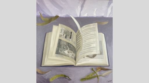 A painting of an open book surrounded by native leaves on a grey background