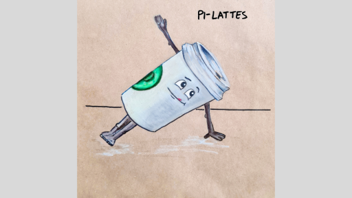 A drawing of a coffee cup doing floor exercises with the word 'Pi-lattes' above it