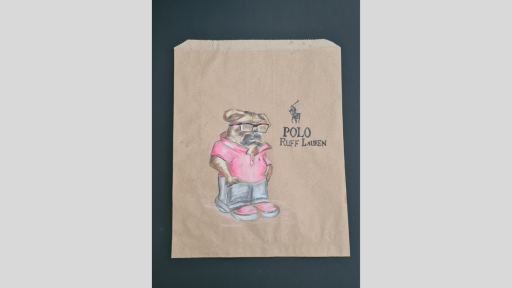 A drawing of a pug wearing a polo tshirt, slacks and reading glasses with the words 'Polo Ruff Lauren' next to it