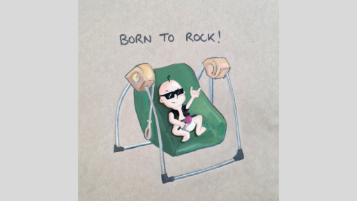 A drawing of a baby wearing sunglasses and doing the sign of the horns with it's hand while sitting in a baby chair, with the words 'Born to rock!' above them