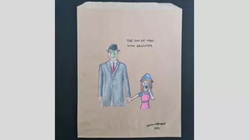A drawing of a man in a suit with an apple covering his face, holding the hand of a small girl in a pink dress holding an apple phone infront of their face, with the words 'The son of man... with daughter' above them