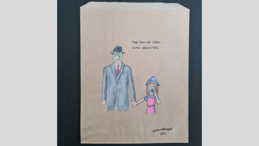 A drawing of a man in a suit with an apple covering his face, holding the hand of a small girl in a pink dress holding an apple phone infront of their face, with the words 'The son of man... with daughter' above them