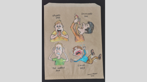 A drawing of a man bringing a hotdog up into his mouth labelled 'Upward dog', a man bringing a hot dog down into his mouth labaelled 'Downward dog', a man looking stressed labelled 'The worrier pose', and a man throwing a tantrum on the floor labelled 'Child's pose'