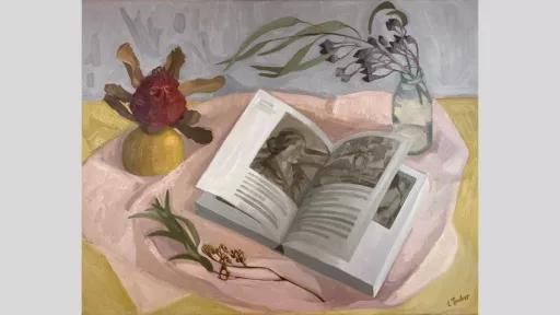 Painting of a open book surrounded by gumnuts