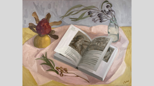Painting of a open book surrounded by gumnuts 