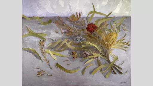 A painting of a bouquet of flowers lying on a grey background