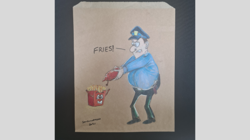 A drawing of a police officer holding a bottle of sauce out like a gun at a container of hot chips and saying 'Fries!'