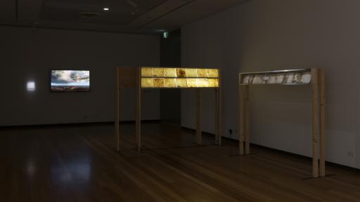 The exhibition space for Above the Canopy, showing a large gallery room with some stands with lighting behind paper artworks and a screen with an artwork on the wall in the background