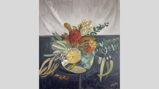 Painting of Australian native flowers in a short glass vase on a dark grey background