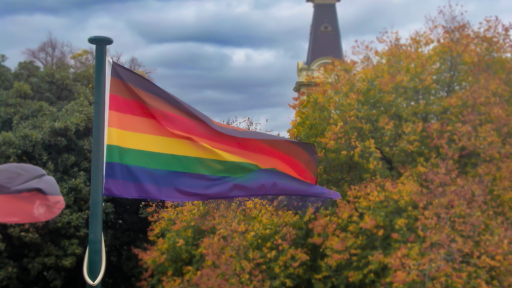 Inclusive Pride flag (with light and dark brown stripe) blowing in the wind 