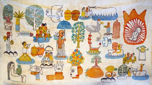 Colourful naive painting of faces, trees and animals