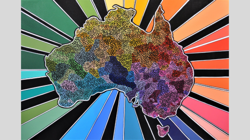 Paint artwork depicting map of Australia with areas marked in shades of blue, red, green and yellow, on a background of colour panels.
