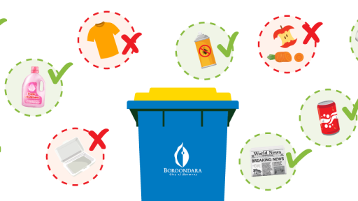 A boroondara recycling bin surrounded by objects with either a tick or a cross to show whether they can or cannot be recycled in a kerbside recycling bin