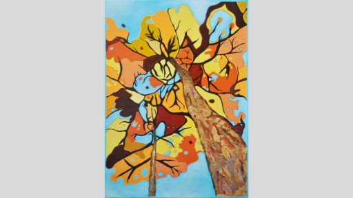 Paint artwork depicting view of tree from below, with leaves in shades of brown, orange and yellow.
