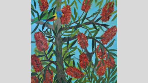 Paint artwork depicting bird sitting on branch of dark red bottlebrush flower tree.