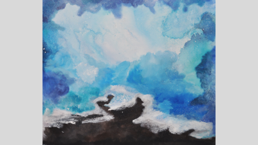 Paint artwork depicting shades of blue and white in a cloud-like pattern, with small black space at bottom.