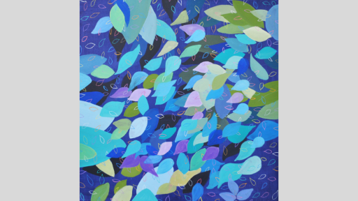 Paint artwork depicting leave-like shapes in shades of blue and green, on a dark blue background.