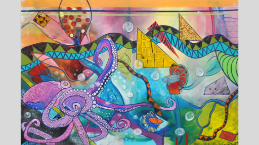 Paint artwork depicting abstract ocean scene, with fish, an octopus and various shapes.