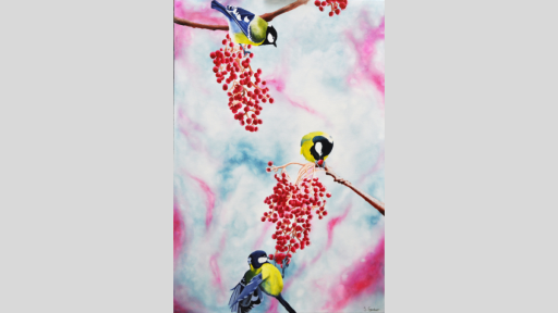 Paint artwork depicting three birds with blue, yellow and black feathers, sitting on a tree branch with red berries.