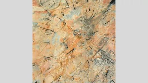 An artwork looking down on a desert looking scene from a birds-eye view, that is scattered with the charred stumps of trees