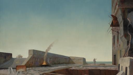 A painting of the rooftop of a modern industrial building that is in disrepair with a person standing on the roof in the distance, nearby there is a small fire and metal and wood pieces strewn around crumbling concrete walls