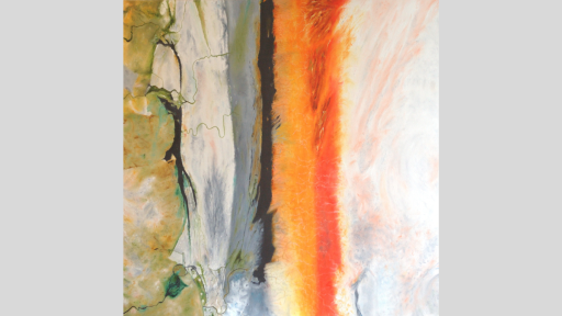 An artwork featuring a range of progressing natural colours from a landscape, from green with dark cracks that snake through like rivers, to white and then a ridge of black in the centre, with an orange, red and white sky above