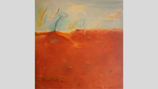 An artwork showing above and below the red dirt, with small dry plants growing above the ground and small roack and marks in the earth below