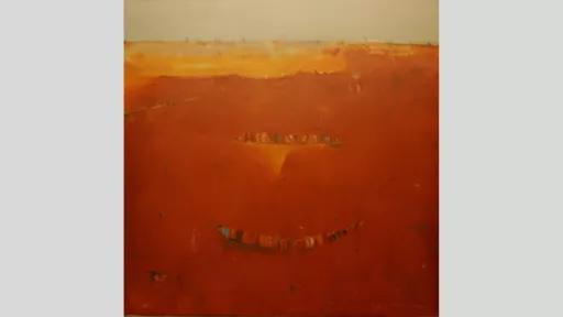 An artwork of a desert landscape with two rows of colourful squares running across the middle distance of the image