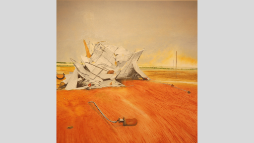 An artwork of a desert landscape featuring a large collapsed structure of corrogated iron