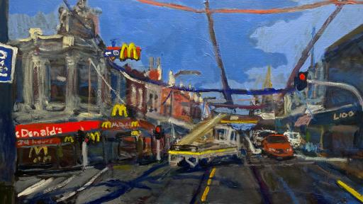 A painting in a abstract brushstroke style that shows an intersection with cars at the lights, and a Mcdonalds with lots of signs on the corner