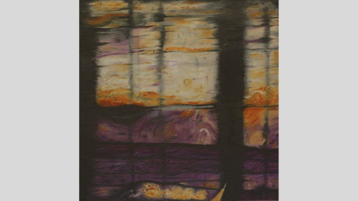 An artwork that is abstrat with lines of black like tree trunks vertical across the piece, and then horizontal colours of purple, white and yellow swirling in the background like an evening sky