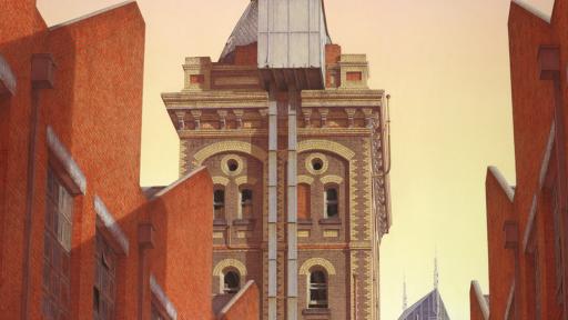 An artwork of a narrow street with a sunset backdrop, tall brick warehouse walls on either side, looking up at a tall tower of a multi-story brick building that has an observation platform on top and a person standing on this playing a trumpet